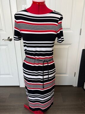 SADE New York Striped Knit Waist-Tie Dress in Black, White & Red